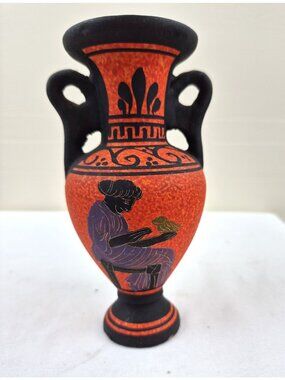 Hand-Painted Vintage Greek-Style Miniature Vase With Black & Red Motif And Woman